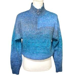 Womens Cropped Blue Wool Blend Sweater Sz Medium Casual Soft Fall Modest 1/4 Zip